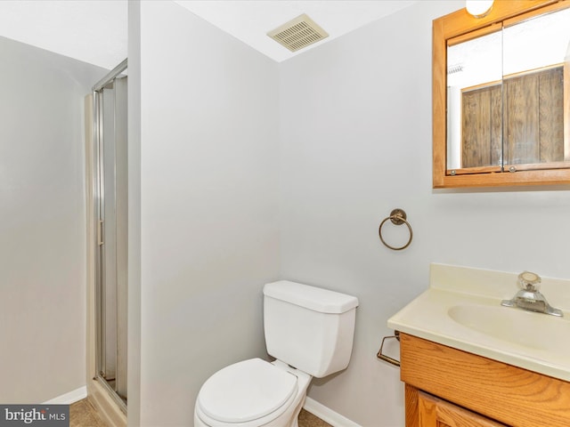bathroom with toilet, baseboards, visible vents, and a shower stall
