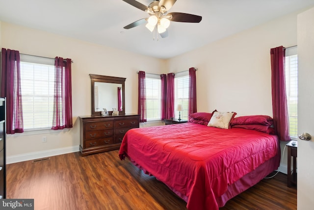 bedroom featuring wood finished floors, baseboards, and multiple windows