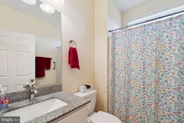 bathroom featuring vanity, a shower with curtain, and toilet