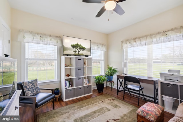home office with baseboards, a ceiling fan, wood finished floors, and a healthy amount of sunlight