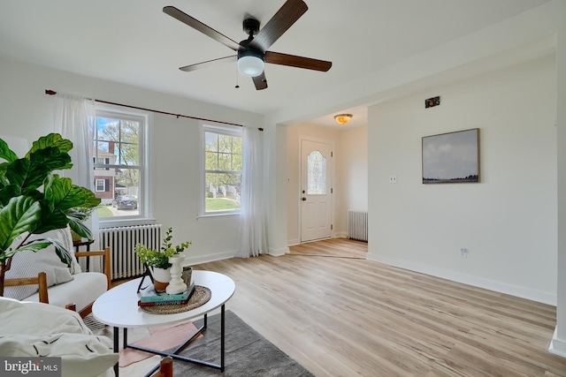 living room featuring a ceiling fan, baseboards, light wood-style flooring, and radiator