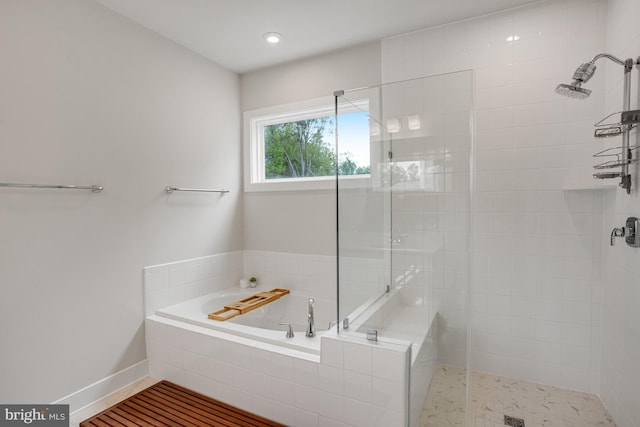 full bathroom with baseboards, a shower stall, recessed lighting, and a garden tub