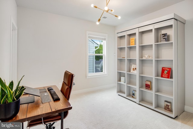 carpeted home office with baseboards, visible vents, and a chandelier