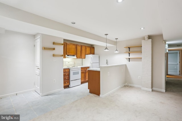 1231 Girard St NW, Washington, DC 20009 - kitchen with white appliances, light colored carpet, open shelves, under cabinet range hood, and brown cabinets