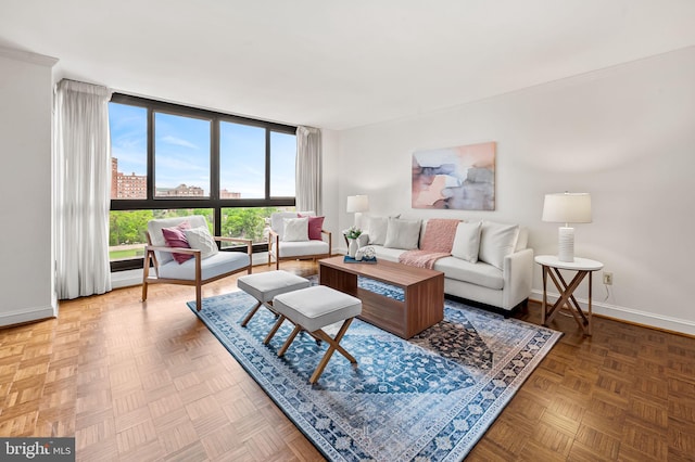 living area featuring baseboards and expansive windows