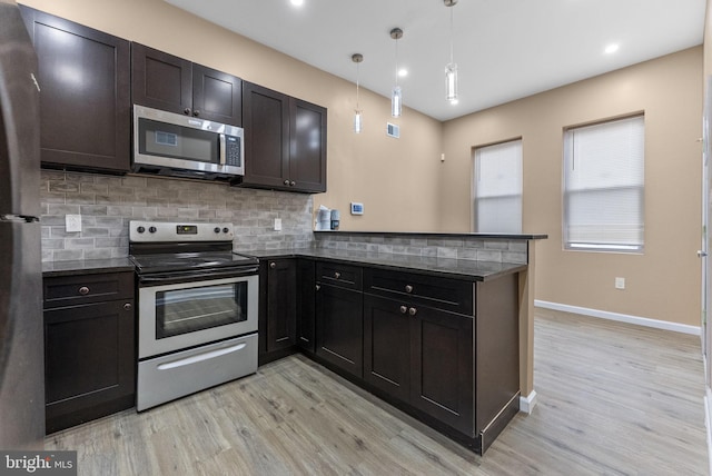kitchen with backsplash, light wood-type flooring, a peninsula, and stainless steel appliances