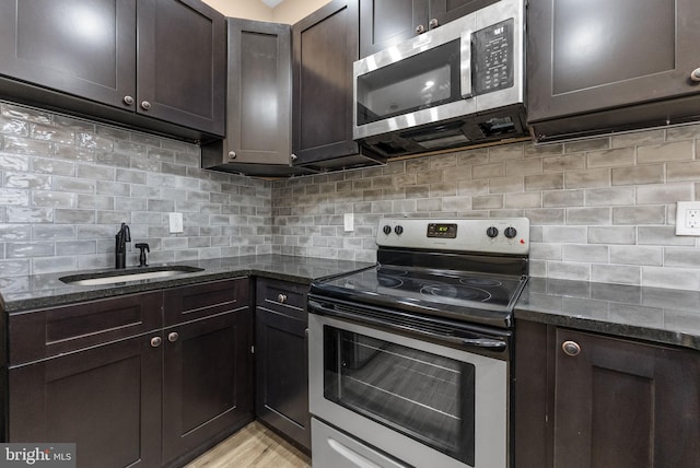 kitchen featuring dark brown cabinetry, dark stone countertops, backsplash, appliances with stainless steel finishes, and a sink
