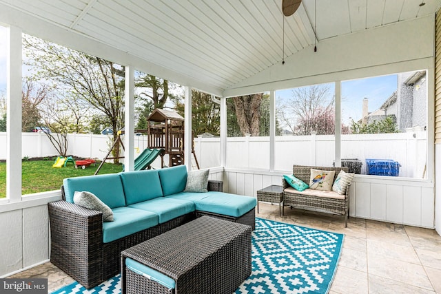 exterior space with an outdoor living space, plenty of natural light, and ceiling fan
