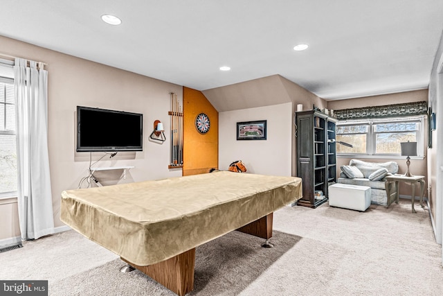 rec room featuring carpet floors, billiards, recessed lighting, and visible vents