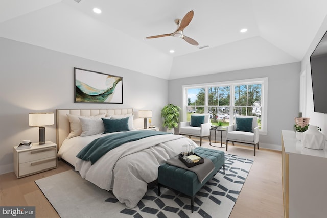 bedroom featuring baseboards, vaulted ceiling, recessed lighting, light wood-style floors, and visible vents