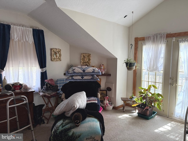 carpeted bedroom featuring baseboards and lofted ceiling