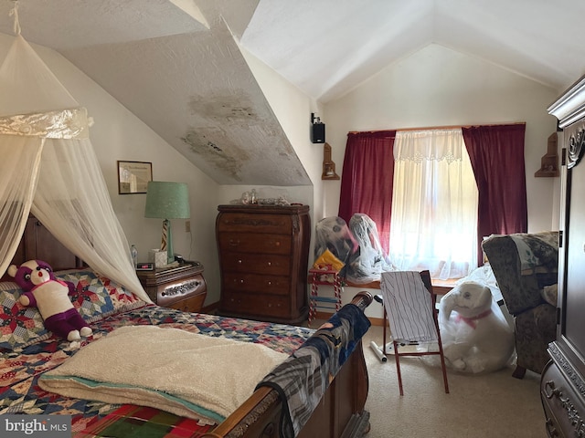 carpeted bedroom featuring vaulted ceiling