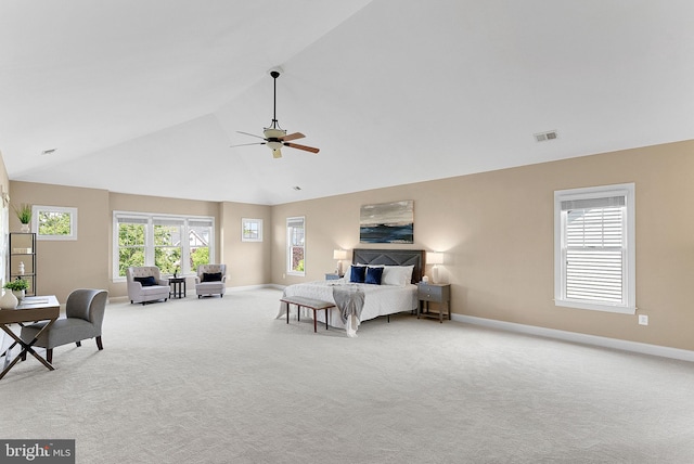 bedroom featuring baseboards, carpet flooring, high vaulted ceiling, and visible vents