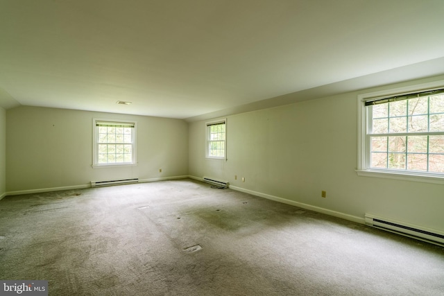 1428 Center Rd, Lancaster, PA 17603 - spare room with a baseboard radiator, carpet floors, baseboards, and vaulted ceiling