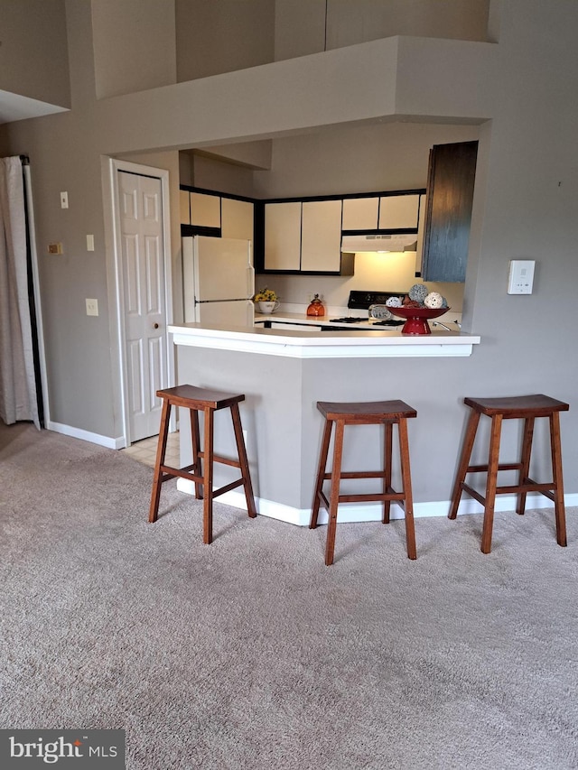 1310W Sheridan Pl Unit 301, Bel Air, MD 21015 - kitchen with freestanding refrigerator, light carpet, a breakfast bar area, and a peninsula