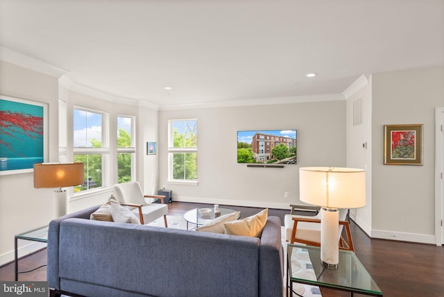 living area featuring baseboards, crown molding, wood finished floors, and recessed lighting