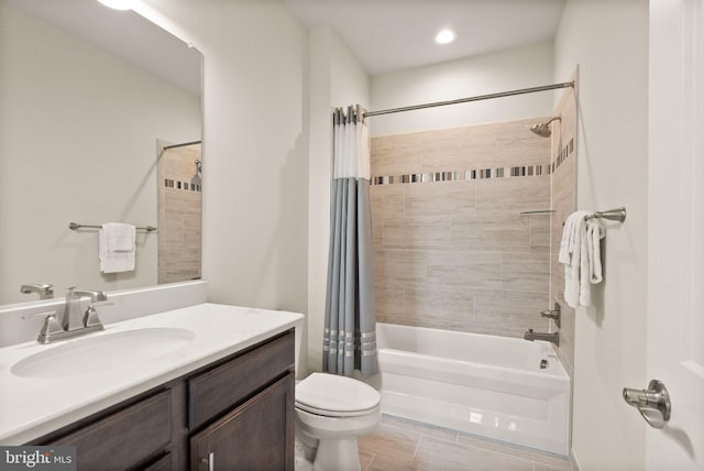 bathroom with shower / tub combo, vanity, recessed lighting, and toilet