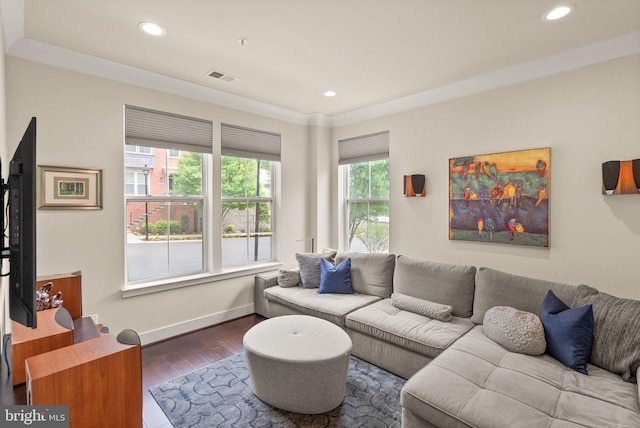 living area featuring baseboards, wood finished floors, visible vents, and recessed lighting
