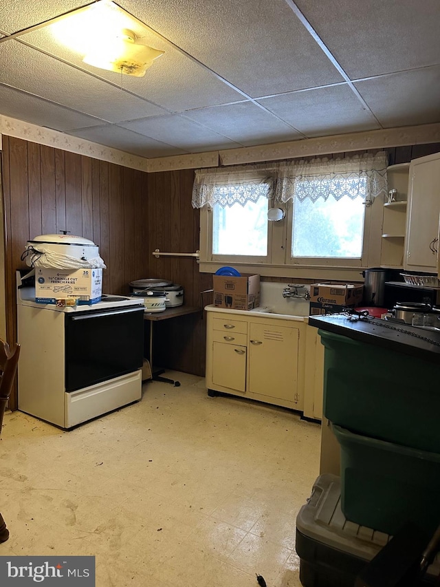 6573 Raystown Rd, Hopewell, PA 16650 - kitchen with a paneled ceiling, wooden walls, open shelves, light floors, and electric stove