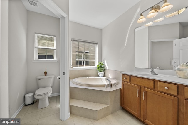 full bath featuring tile patterned flooring, vanity, visible vents, and a bath
