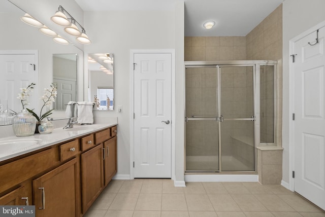 bathroom featuring a shower stall, tile patterned floors, and a sink