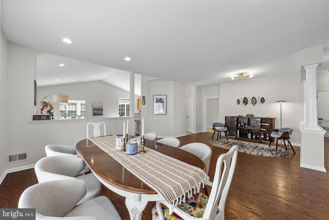 dining area with recessed lighting, visible vents, ornate columns, and wood finished floors
