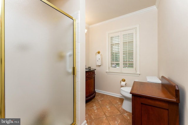 bathroom featuring crown molding, vanity, a shower stall, toilet, and tile patterned floors
