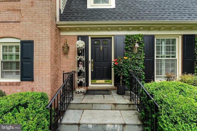 doorway to property featuring a shingled roof and brick siding