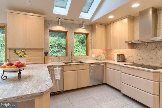 1023 Fairdell Dr, Hummelstown, PA 17036 - kitchen featuring wall chimney exhaust hood, stainless steel dishwasher, black electric cooktop, a sink, and light brown cabinets