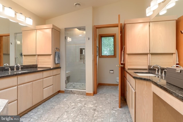 1023 Fairdell Dr, Hummelstown, PA 17036 - bathroom with vanity, a stall shower, toilet, and tile patterned flooring