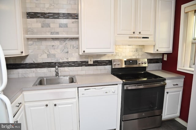 885 N York Rd Unit 12C, Warminster, PA 18974 - kitchen featuring dishwasher, a sink, stainless steel electric stove, under cabinet range hood, and white cabinetry