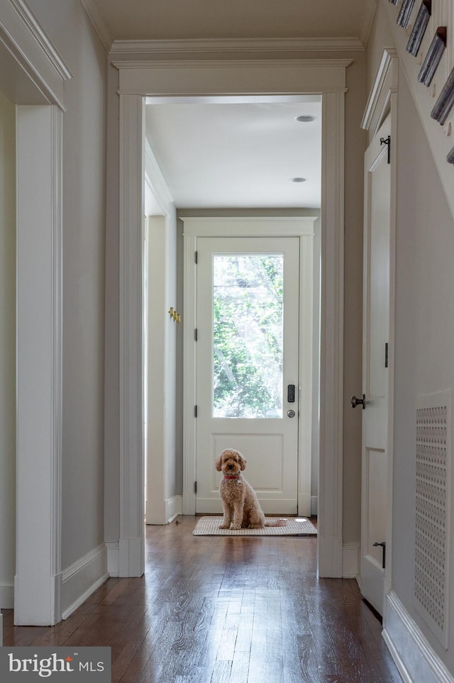 3712 Bradley Ln, Chevy Chase, MD 20815 - doorway featuring wood-type flooring, baseboards, and ornamental molding