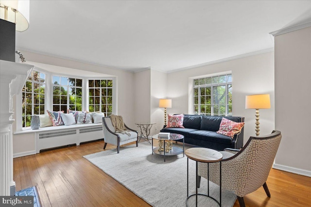 3721 Massachusetts Ave NW, Washington, DC 20016 - living area featuring radiator heating unit, ornamental molding, hardwood / wood-style flooring, and baseboards