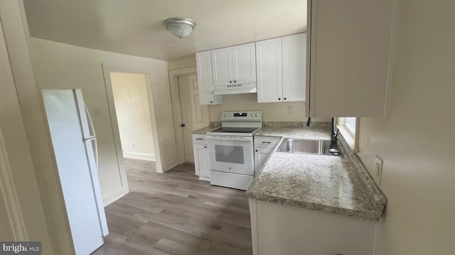 710 Roger St, Salisbury, MD 21804 - kitchen with white appliances, under cabinet range hood, white cabinets, and light wood-style floors