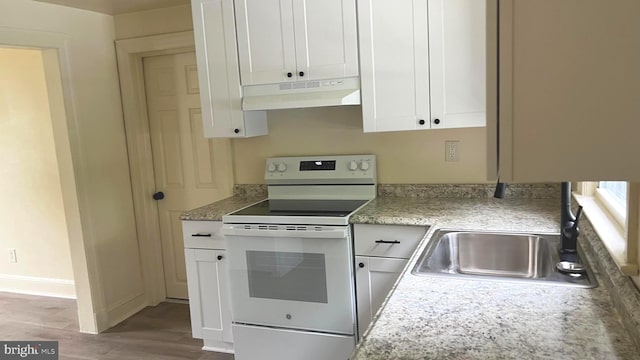 710 Roger St, Salisbury, MD 21804 - kitchen featuring white range with electric stovetop, under cabinet range hood, white cabinetry, wood finished floors, and light countertops
