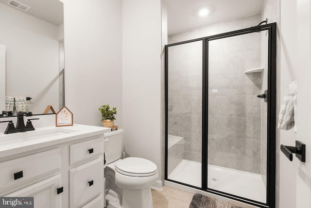bathroom with toilet, visible vents, tile patterned floors, and a stall shower