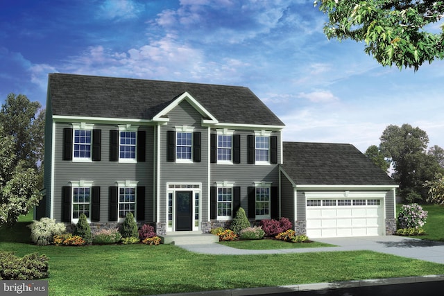 400 Rederick Ln Unit 2Oxford, Middletown, DE 19709 - colonial inspired home with an attached garage, a front lawn, driveway, roof with shingles, and stone siding