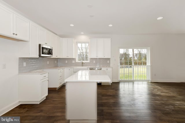 400 Rederick Ln Unit 2Oxford, Middletown, DE 19709 - kitchen with stainless steel microwave, a sink, dark wood finished floors, decorative backsplash, and recessed lighting