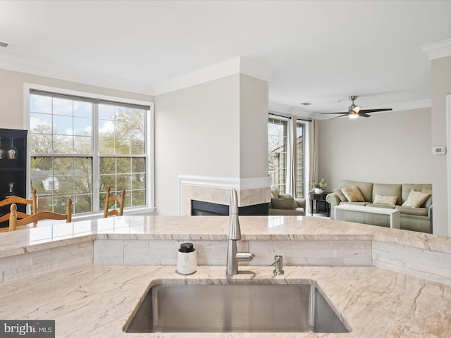 1909 Kenwood Ave Unit 303, Alexandria, VA 22302 - kitchen with crown molding, light stone counters, a fireplace, and a sink
