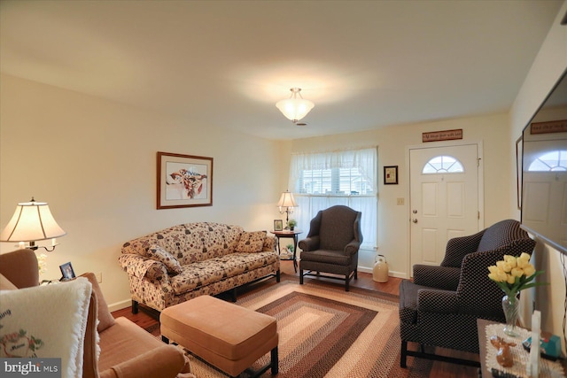 living room with baseboards and wood finished floors