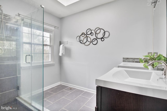 bathroom featuring a shower stall, tile patterned floors, vanity, and baseboards