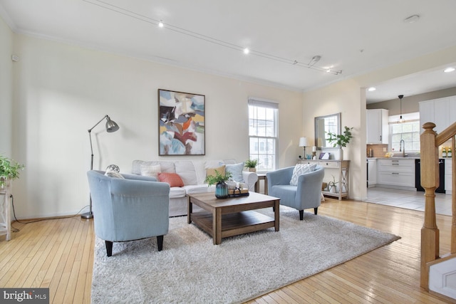 living room with ornamental molding, light wood-style flooring, recessed lighting, and plenty of natural light