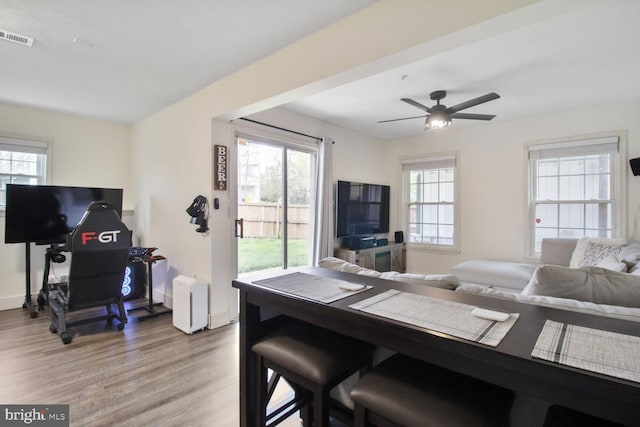 dining room with visible vents, a wealth of natural light, a ceiling fan, and wood finished floors