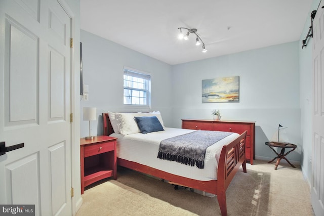 carpeted bedroom with rail lighting