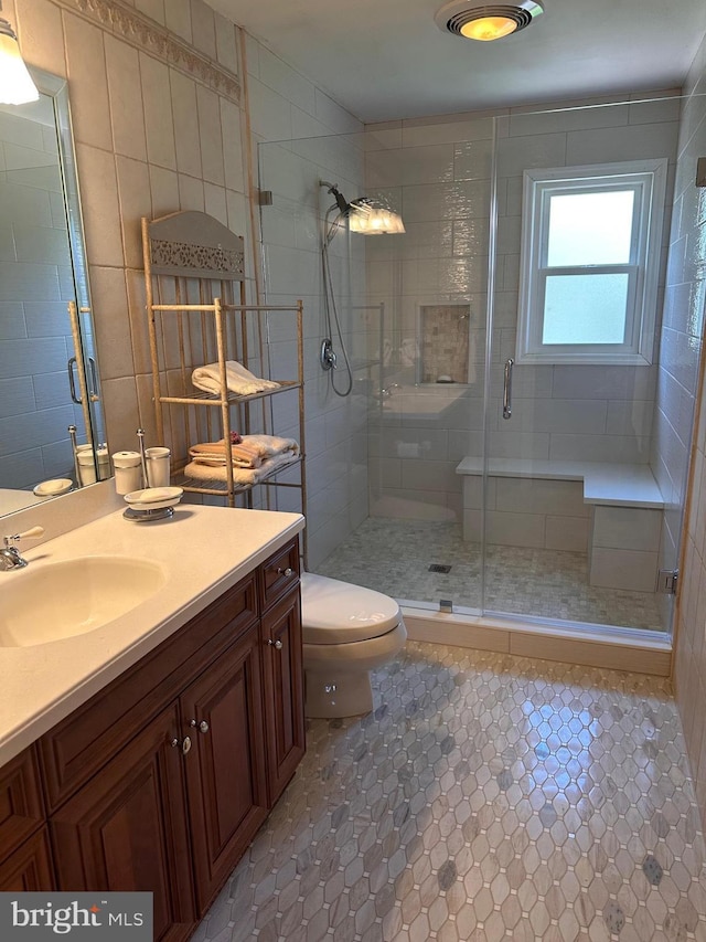 807 New Dover Rd, Edison, NJ 08820 - full bath with vanity, tile patterned flooring, a stall shower, and toilet