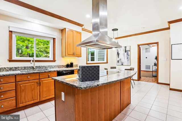 6364 Evangeline Ln, Alexandria, VA 22312 - kitchen with a sink, island exhaust hood, black appliances, dark stone countertops, and light tile patterned flooring