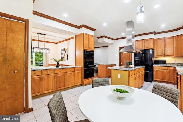 6364 Evangeline Ln, Alexandria, VA 22312 - kitchen featuring island range hood, black appliances, crown molding, a kitchen island, and light tile patterned floors