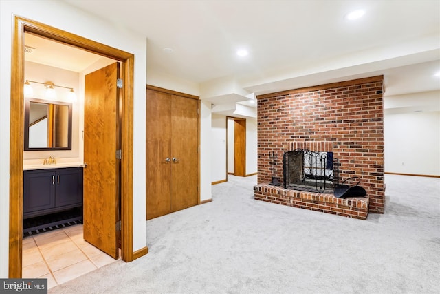 6364 Evangeline Ln, Alexandria, VA 22312 - unfurnished living room featuring carpet, a brick fireplace, a sink, baseboards, and recessed lighting