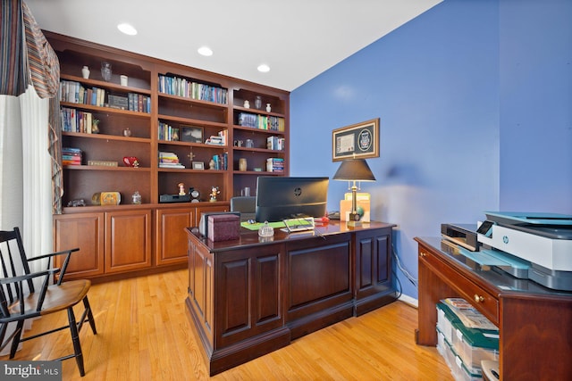 office space featuring recessed lighting and light wood-type flooring