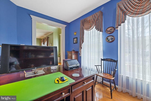 interior space featuring light wood finished floors, plenty of natural light, and baseboards